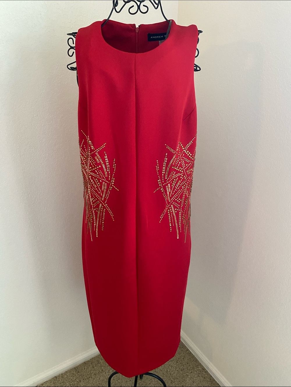 Andrew Marc Red Pencil Skirt with Gold Beaded Side Detail